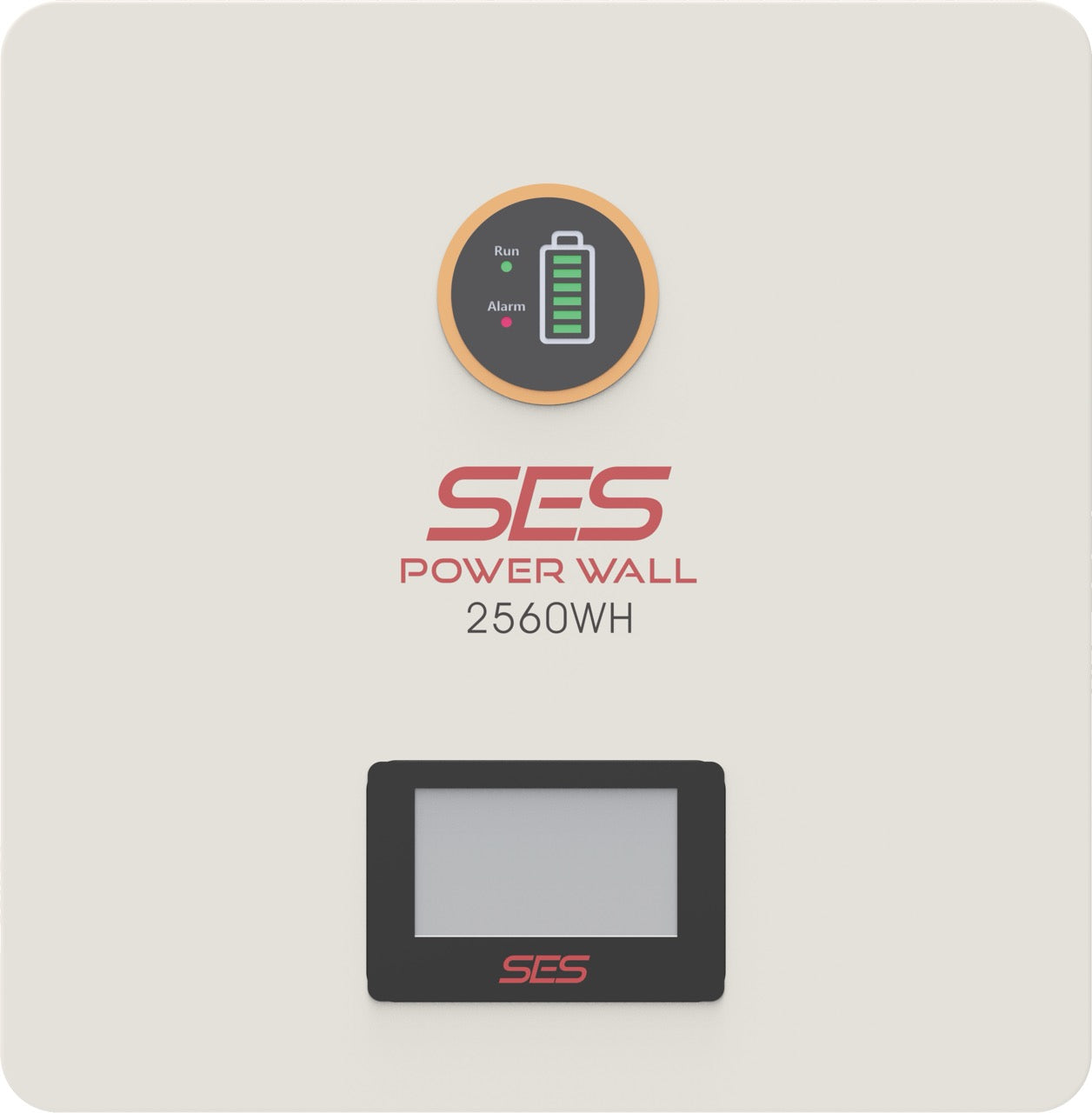 Front view of SES Power Wall 25.6V 100Ah 2560Wh lithium battery with LCD and battery indicator