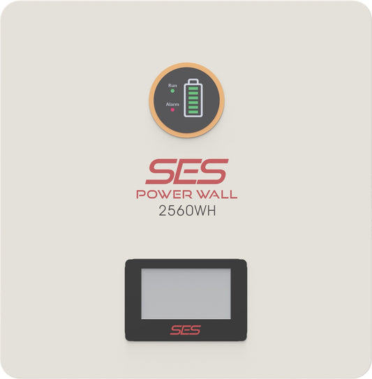 Front view of SES Power Wall 25.6V 100Ah 2560Wh lithium battery with LCD and battery indicator