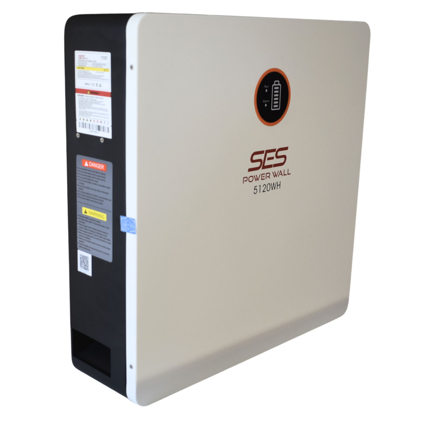 Side view of SES Power Wall 5120Wh lithium battery with IP21 rating and warning labels