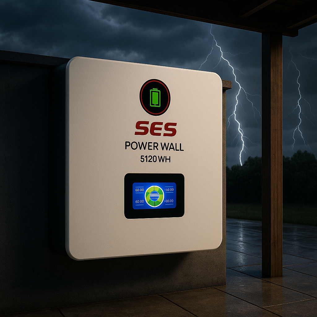 SES Power Wall 5120WH lithium battery with LCD installed outdoors during stormy weather with lightning in background