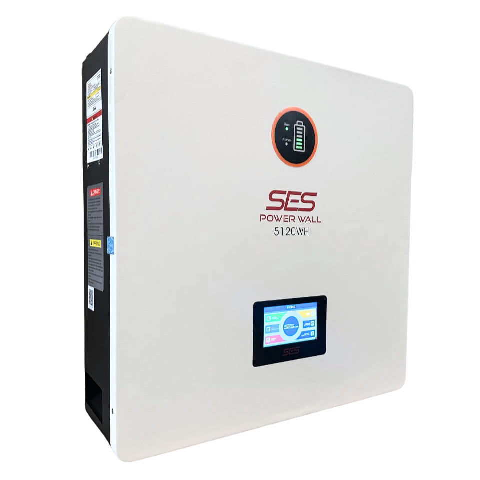 SES Power Wall 5120WH lithium battery unit with LCD display, isolated on white background
