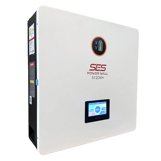 SES Power Wall 5120WH lithium battery unit with LCD display, isolated on white background