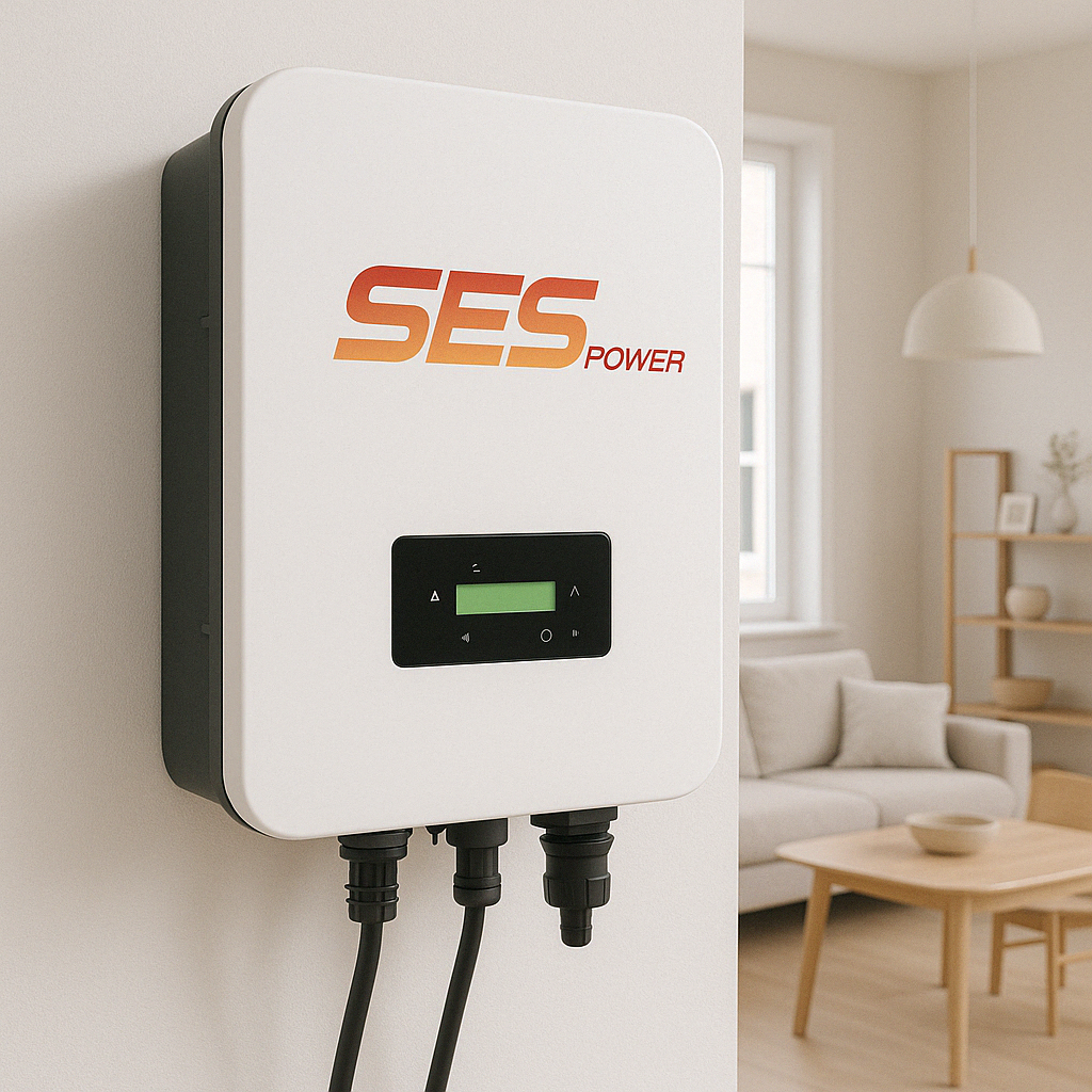 SES Power 6kW hybrid inverter safely installed indoors on wall in modern living room